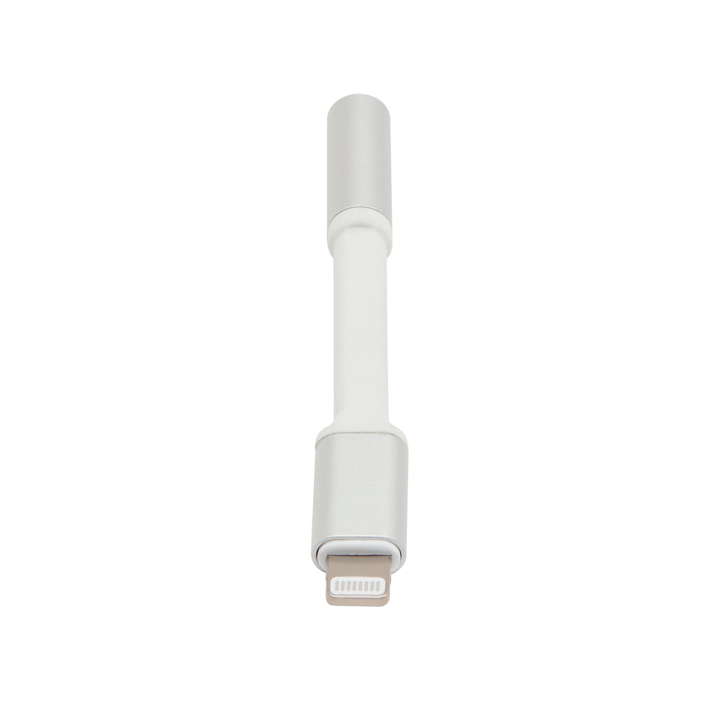 Adapter Lightning til 3,5 mm hvid/sølv, Lightning stik i den ene ende, 3,5 mm jack i den anden, vises lodret.