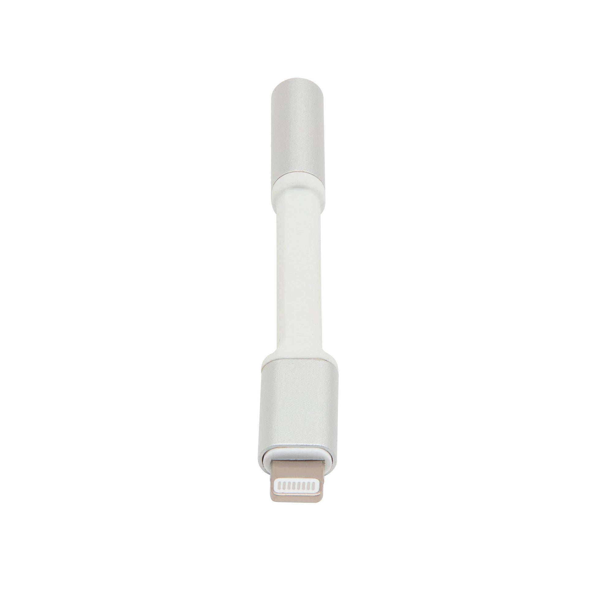 Adapter Lightning til 3,5 mm hvid/sølv, Lightning stik i den ene ende, 3,5 mm jack i den anden, vises lodret.