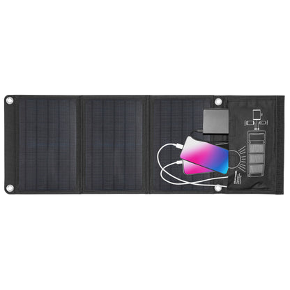 Linocell Solcelleoplader 20W med tre mørke solpaneler og fastmonteret lomme til powerbank, kabler og adapter.