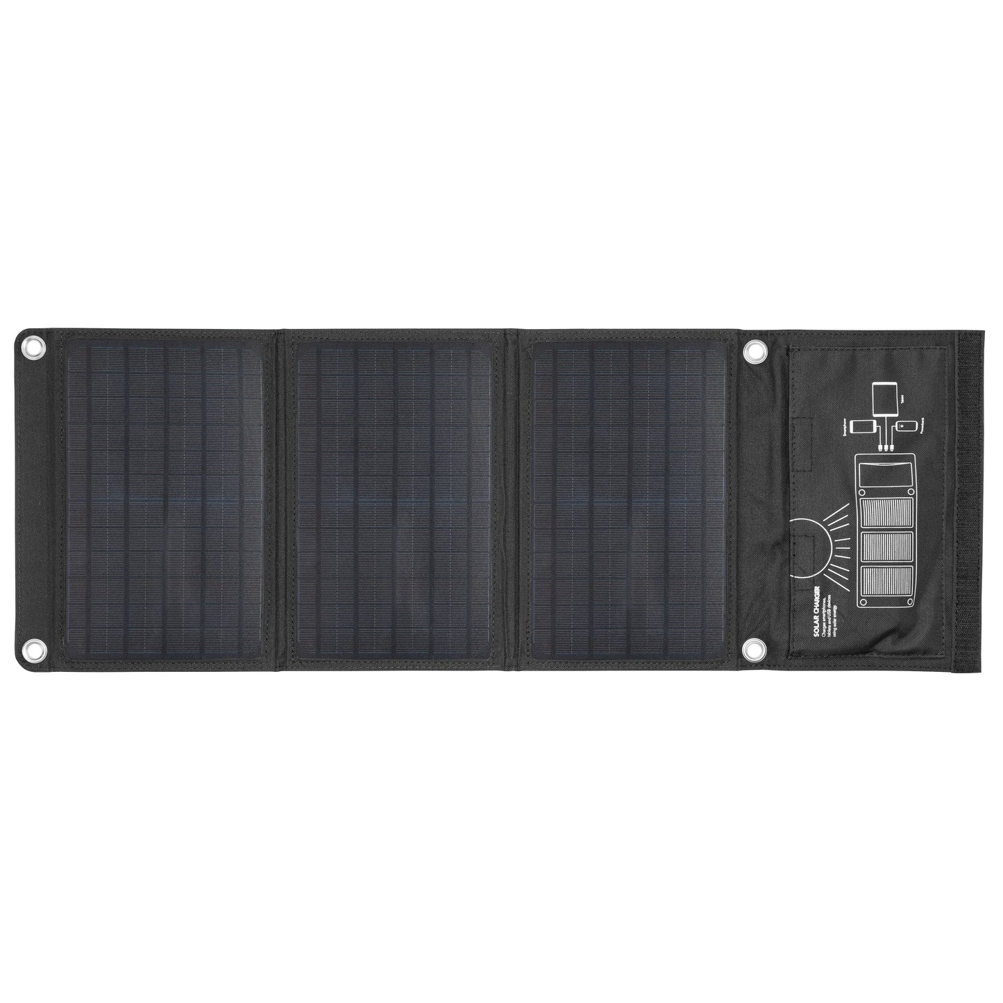 Linocell Solcelleoplader 20W foldbar, sort med brandsegmenter, opladerdiagram til mobil og tablet vises ved udfoldning.
