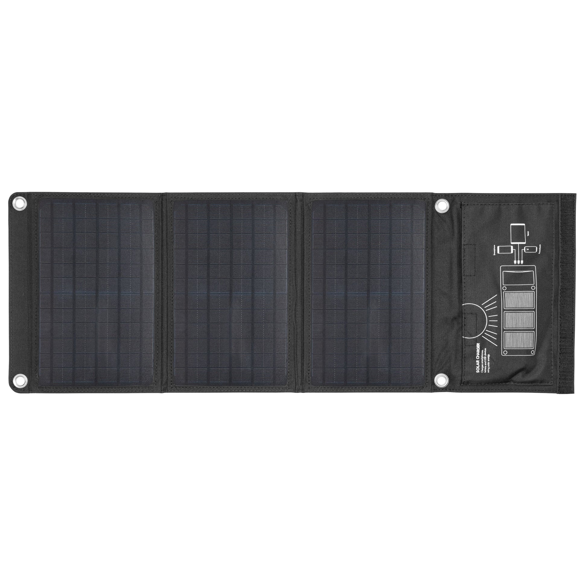 Linocell Solcelleoplader 20W foldbar, sort med brandsegmenter, opladerdiagram til mobil og tablet vises ved udfoldning.