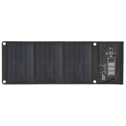 Linocell Solcelleoplader 20W foldbar, sort med brandsegmenter, opladerdiagram til mobil og tablet vises ved udfoldning.
