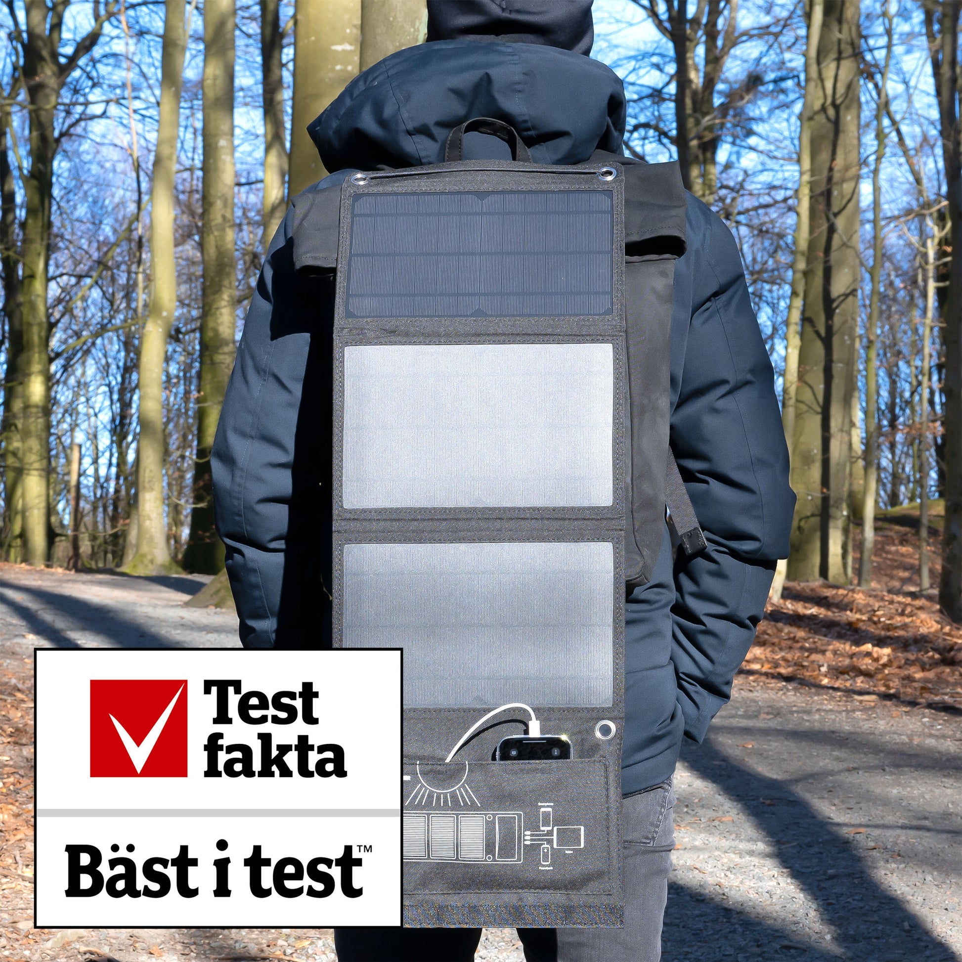 Linocell Solcelleoplader 20 W på rygsæk i skov, Testfakta Bäst i test badge synlig.