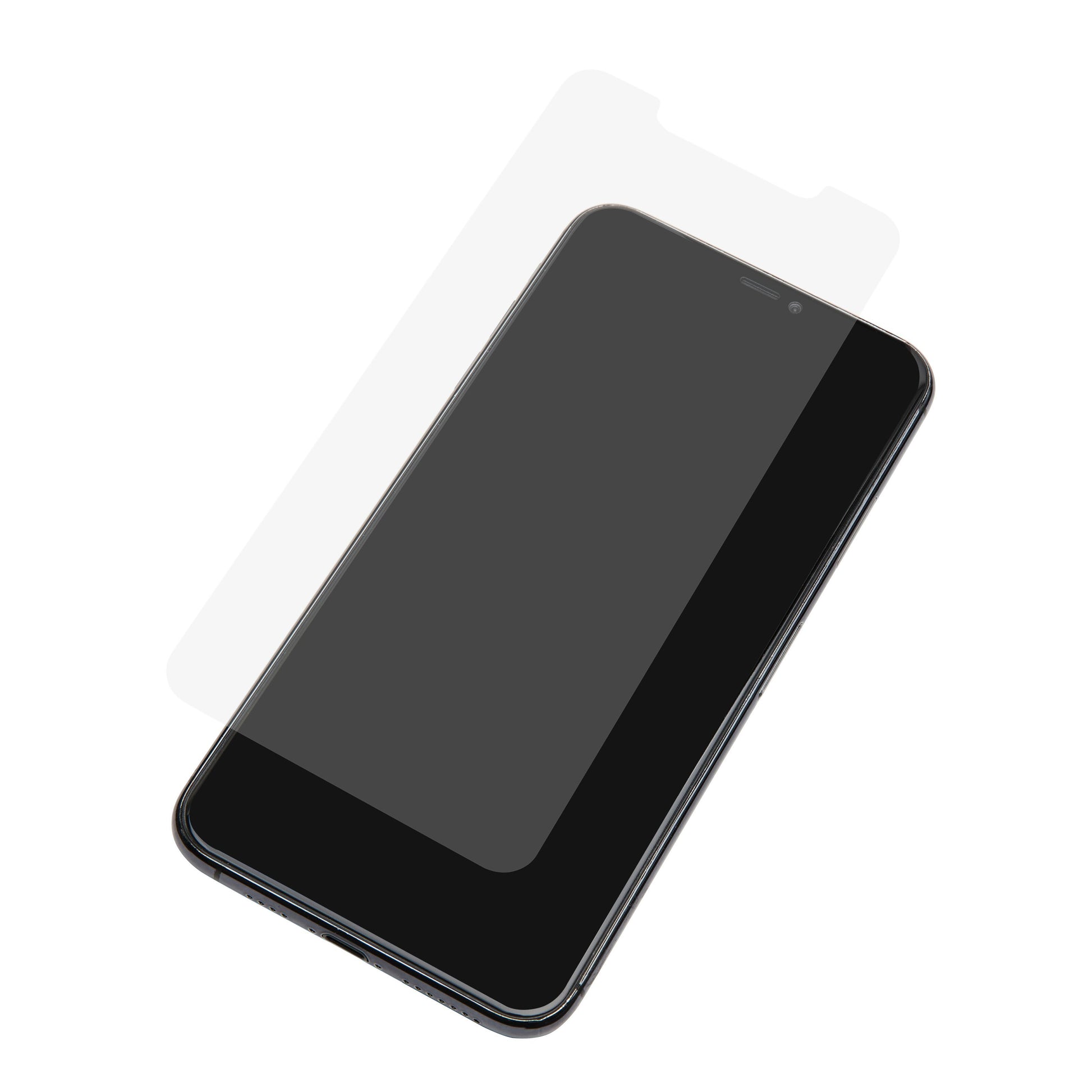 Linocell Elite Extreme hærdet glas skærmbeskyttelse til iPhone Xs Max/11 Pro Max over sort smartphone, vinklet.