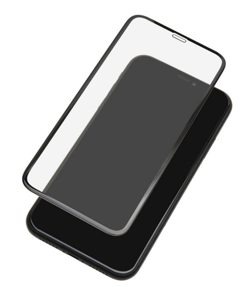 IPhone Xr/11 med Elite Extreme Curved skærmbeskyttelse med buede kanter, delvist placeret over skærmen.