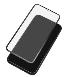 IPhone Xr/11 med Elite Extreme Curved skærmbeskyttelse med buede kanter, delvist placeret over skærmen.