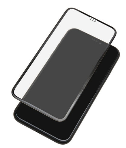 IPhone Xr/11 med Elite Extreme Curved skærmbeskyttelse med buede kanter, delvist placeret over skærmen.