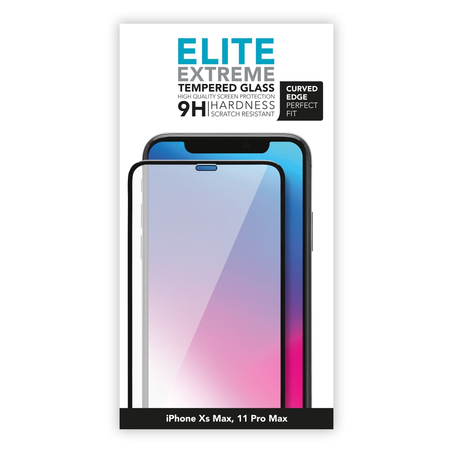 Linocell Elite Extreme Curved skærmbeskyttelse til iPhone Xs Max/11 Pro Max 9H hårdhed, kompatibel med begge modeller.