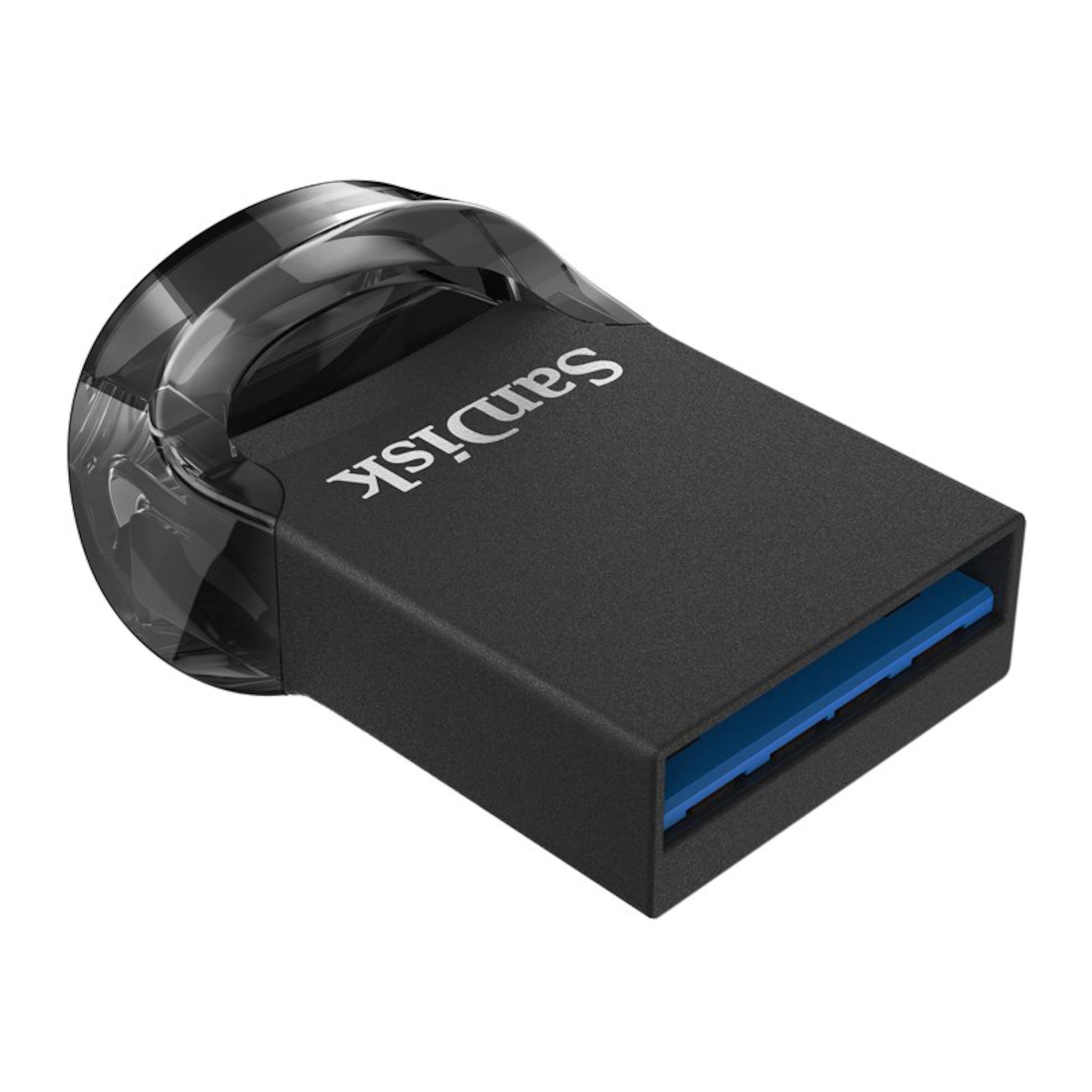Sandisk Ultra Fit 3.1 USB-nøgle 32GB sort med gennemsigtig afrundet løkke og blå USB-stik.