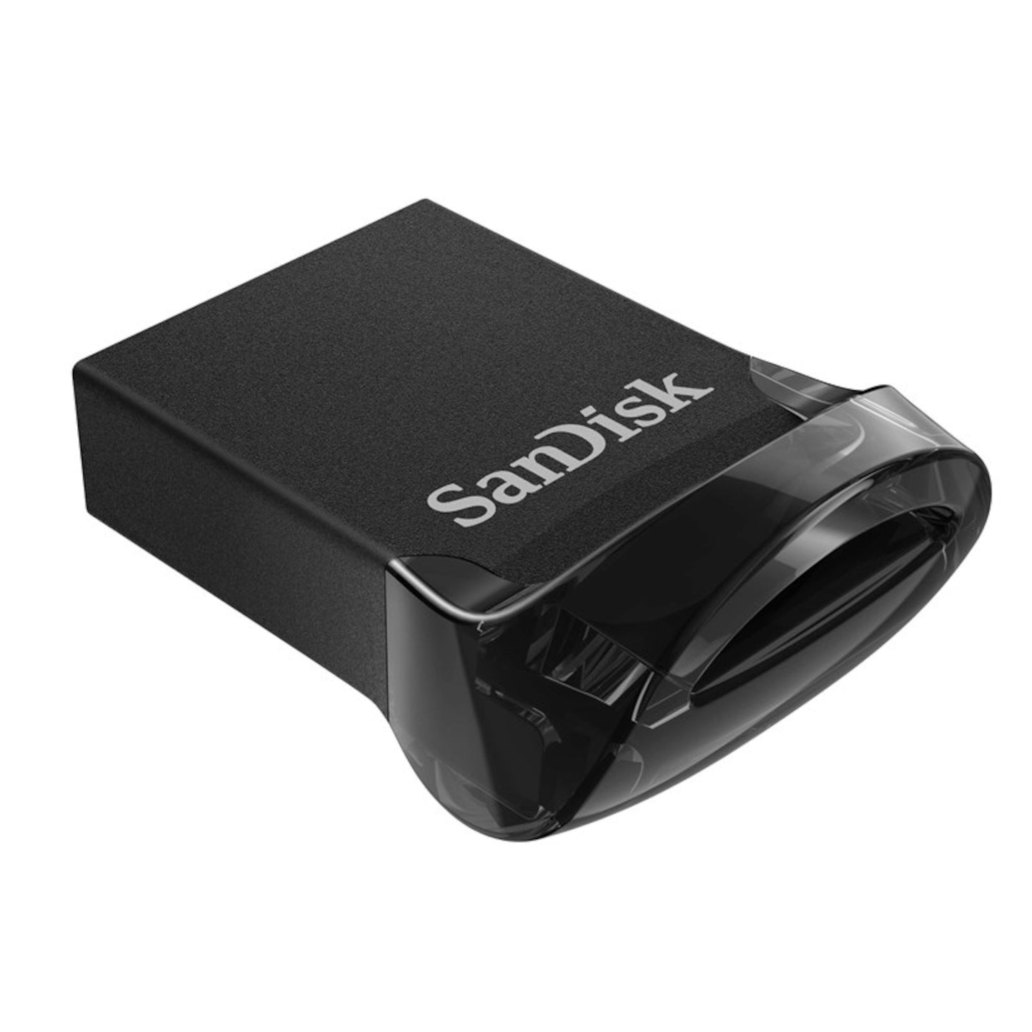 Sandisk Ultra Fit 3.1 USB-nøgle 32GB, sort rektangulær, gennemsigtig buet hætte over stik.