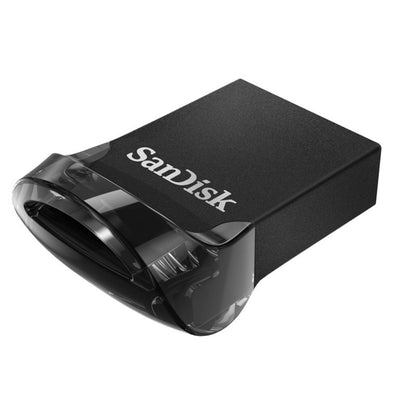 Sandisk Ultra Fit 3.1 USB-nøgle 32 GB sort med kompakt design og gennemsigtig hætte.