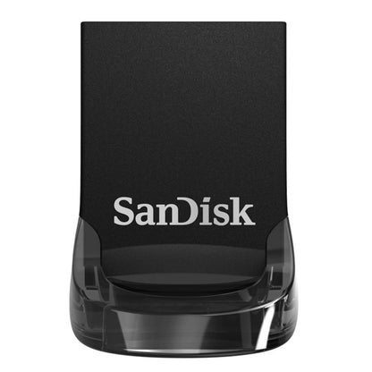 Sandisk Ultra Fit 3.1 USB-nøgle 32 GB, sort, hurtig dataoverførsel, hvidt Sandisk-logo på forsiden.