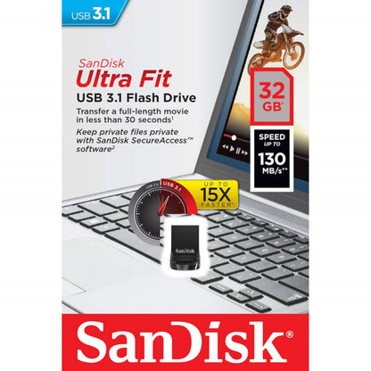 Sandisk Ultra Fit 3.1 USB-nøgle 32GB, op til 130MB/s, SecureAccess software, sort kompakt design, USB-A stik.