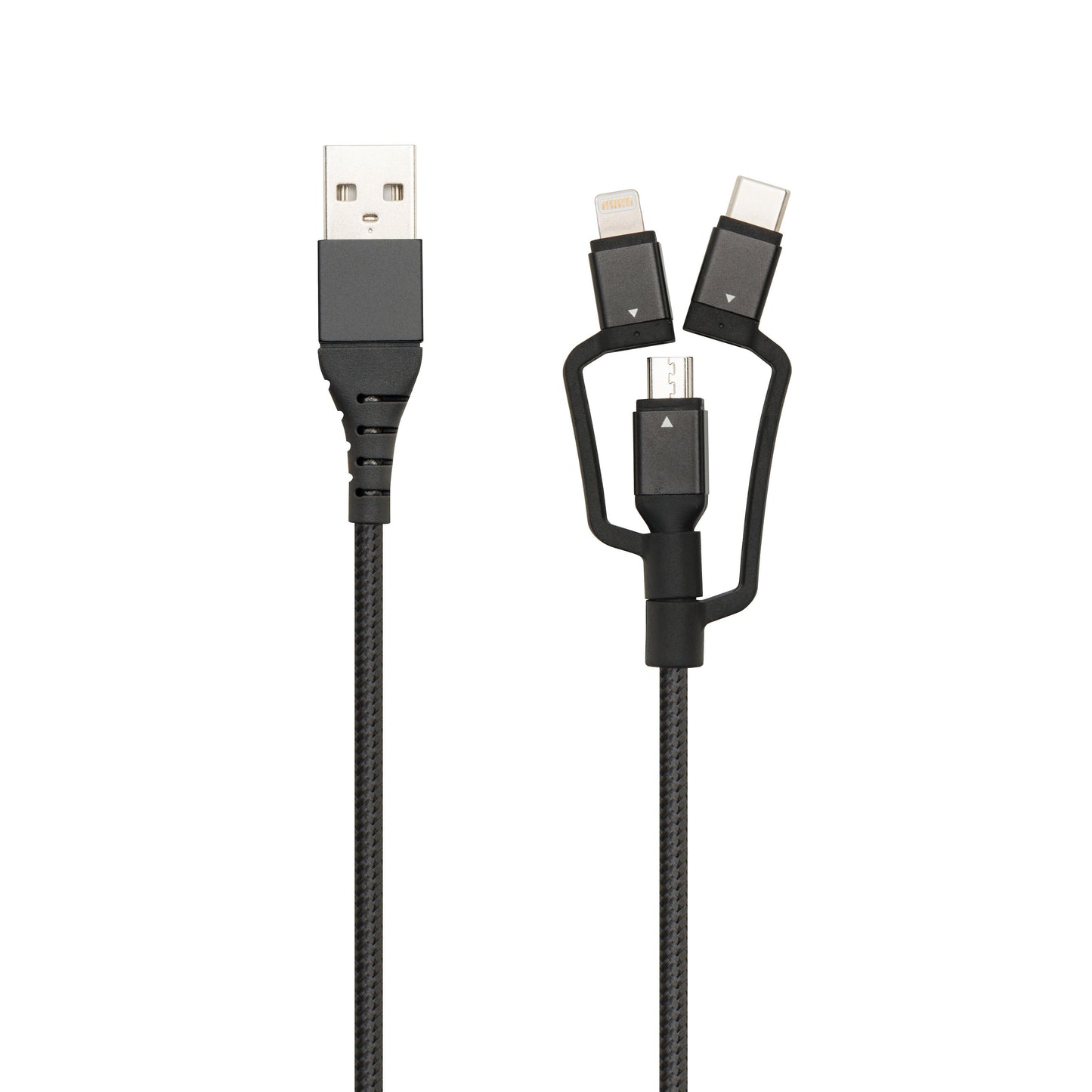 Micro-USB-kabel, sort flettet, USB-A stik med Lightning-, USB-C- og Micro-USB-adaptere.
