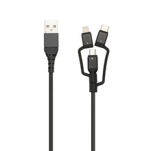 Micro-USB-kabel, sort flettet, USB-A stik med Lightning-, USB-C- og Micro-USB-adaptere.