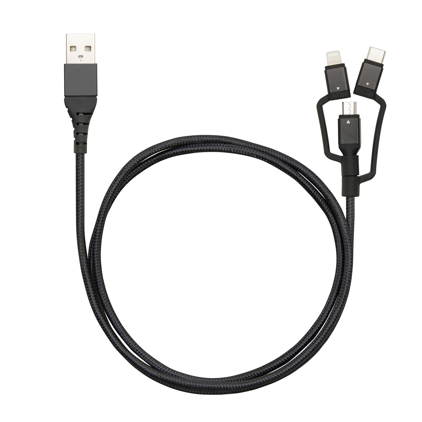 Micro-USB-kabel med Lightning- og USB-C-adapter, sort, tre stik: Micro-USB, USB-C og Lightning.