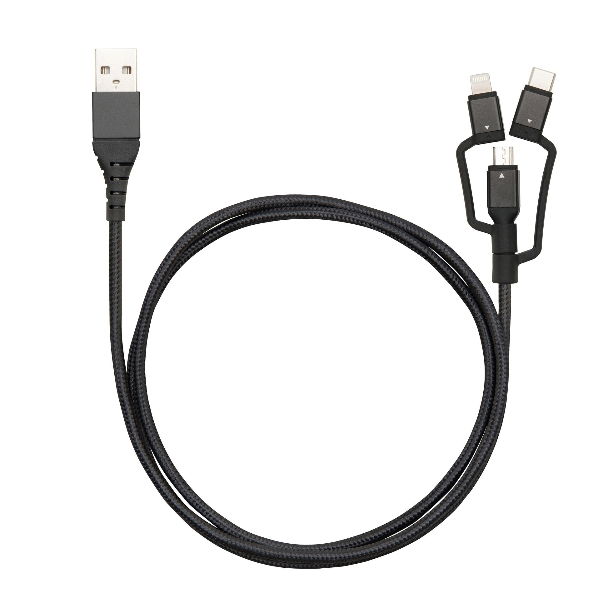 Micro-USB-kabel med Lightning- og USB-C-adapter, sort, tre stik: Micro-USB, USB-C og Lightning.