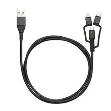 Micro-USB-kabel med Lightning- og USB-C-adapter, sort, tre stik: Micro-USB, USB-C og Lightning.