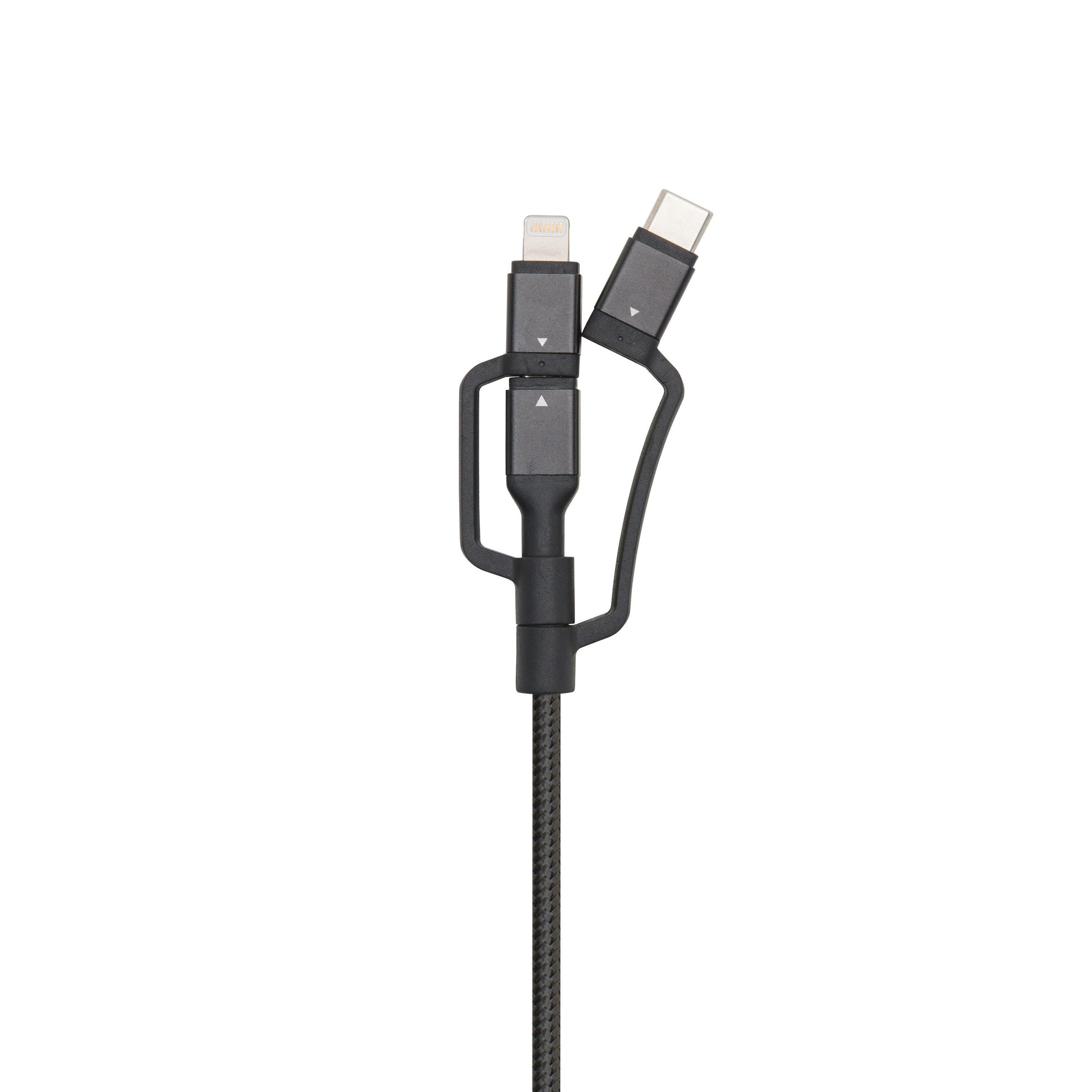 Linocell Micro-USB-kabel med USB-C- og Lightning-adapter sort, flettet kabel med begge adaptere samlet.