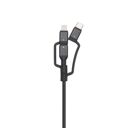 Linocell Micro-USB-kabel med USB-C- og Lightning-adapter sort, flettet kabel med begge adaptere samlet.