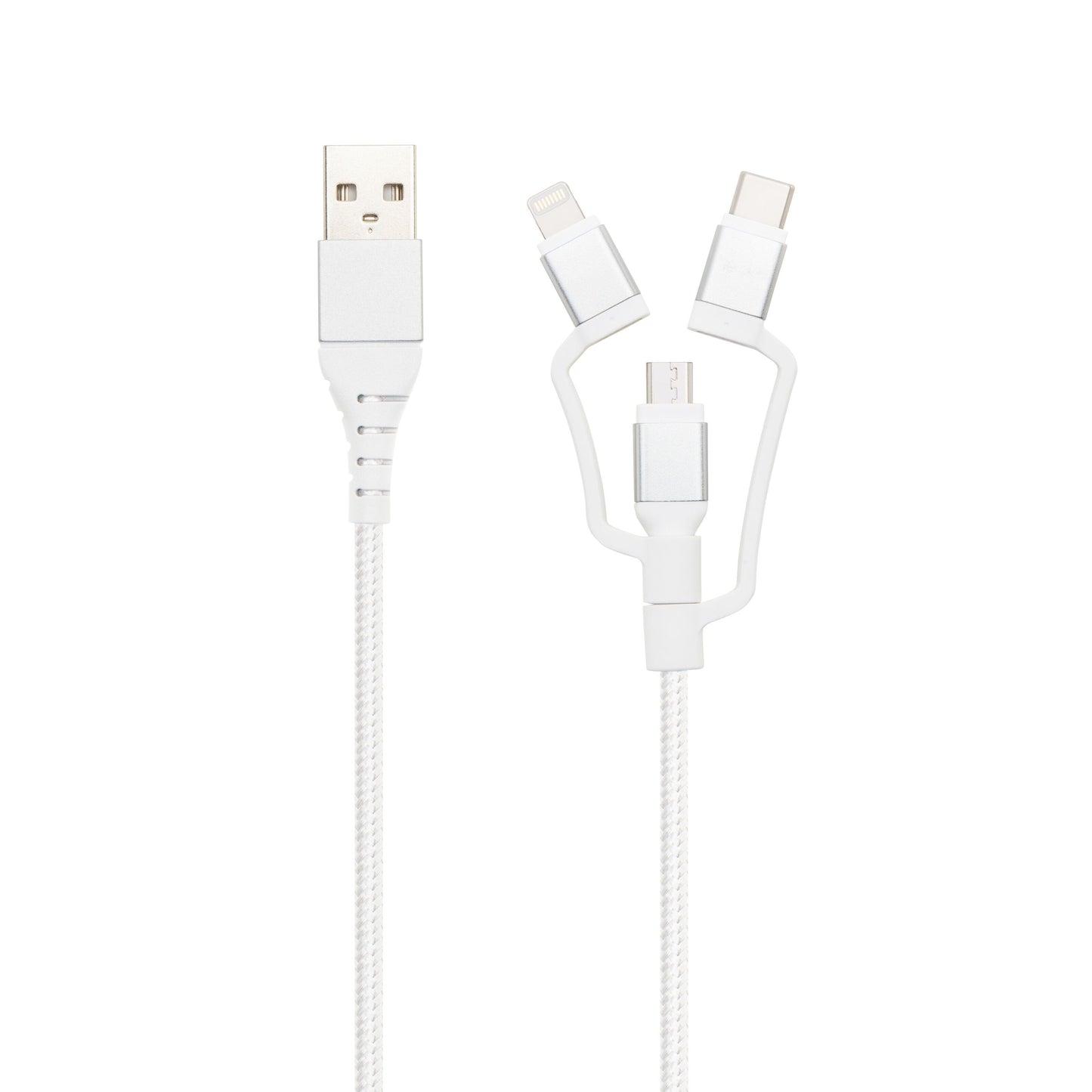 Micro-USB-kabel med Lightning- og USB-C-adapter, 3 stik, hvid, Micro-USB, Lightning og USB-C.