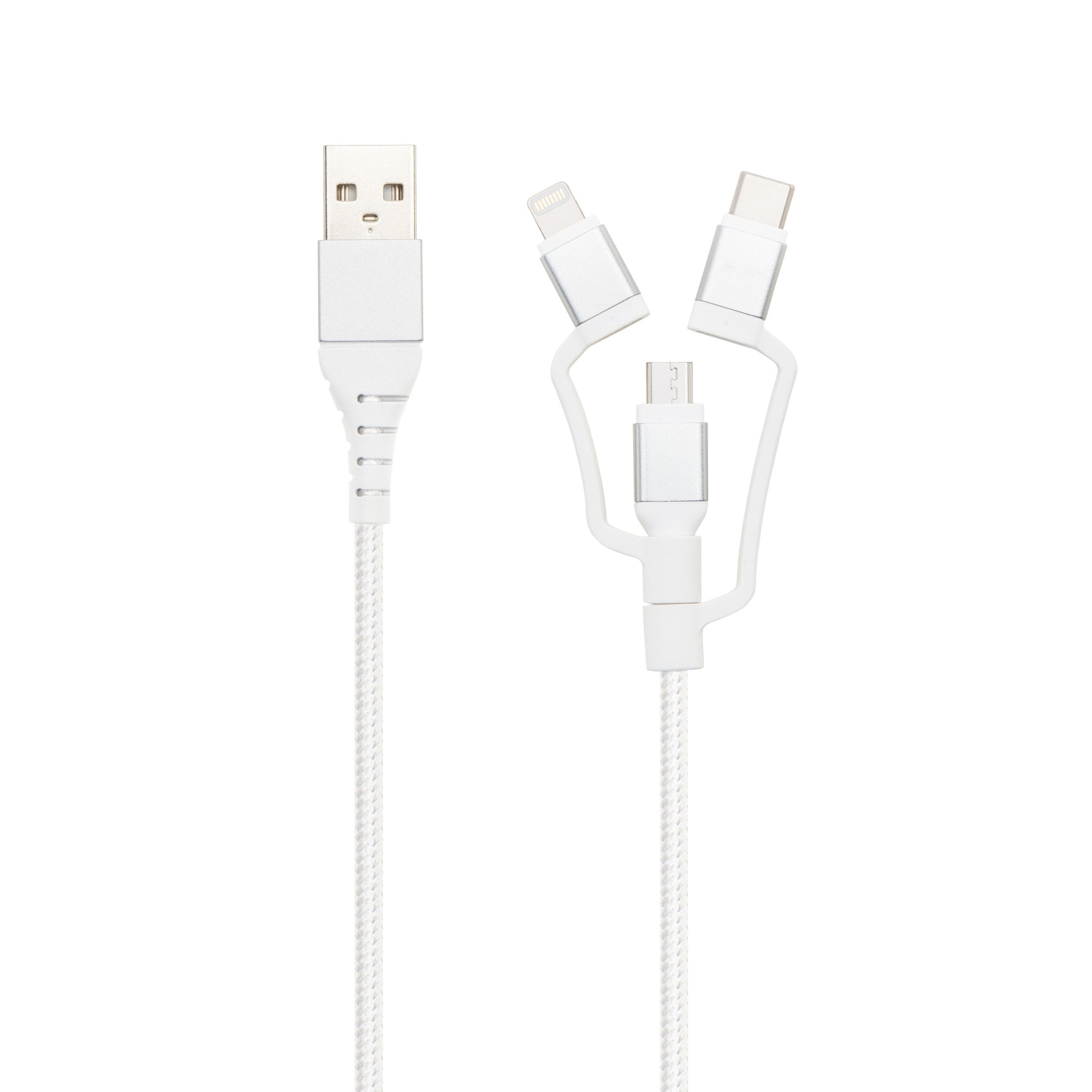 Micro-USB-kabel med Lightning- og USB-C-adapter, 3 stik, hvid, Micro-USB, Lightning og USB-C.