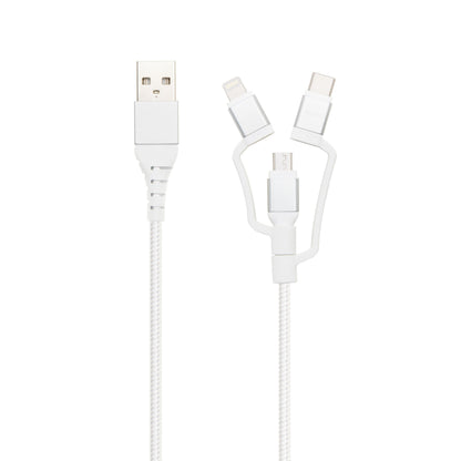 Micro-USB-kabel med Lightning- og USB-C-adapter, 3 stik, hvid, Micro-USB, Lightning og USB-C.
