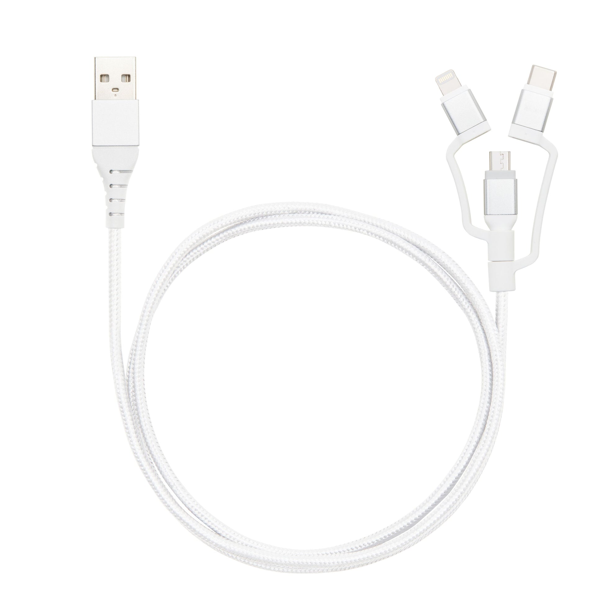 Linocell Premium Micro-USB-kabel med Lightning- og USB-C-adapter, hvid, flettet, USB-A, Y-formet med tre stik.