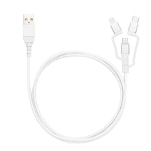 Linocell Premium Micro-USB-kabel med Lightning- og USB-C-adapter, hvid, flettet, USB-A, Y-formet med tre stik.