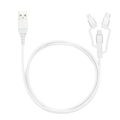 Linocell Premium Micro-USB-kabel med Lightning- og USB-C-adapter, hvid, flettet, USB-A, Y-formet med tre stik.