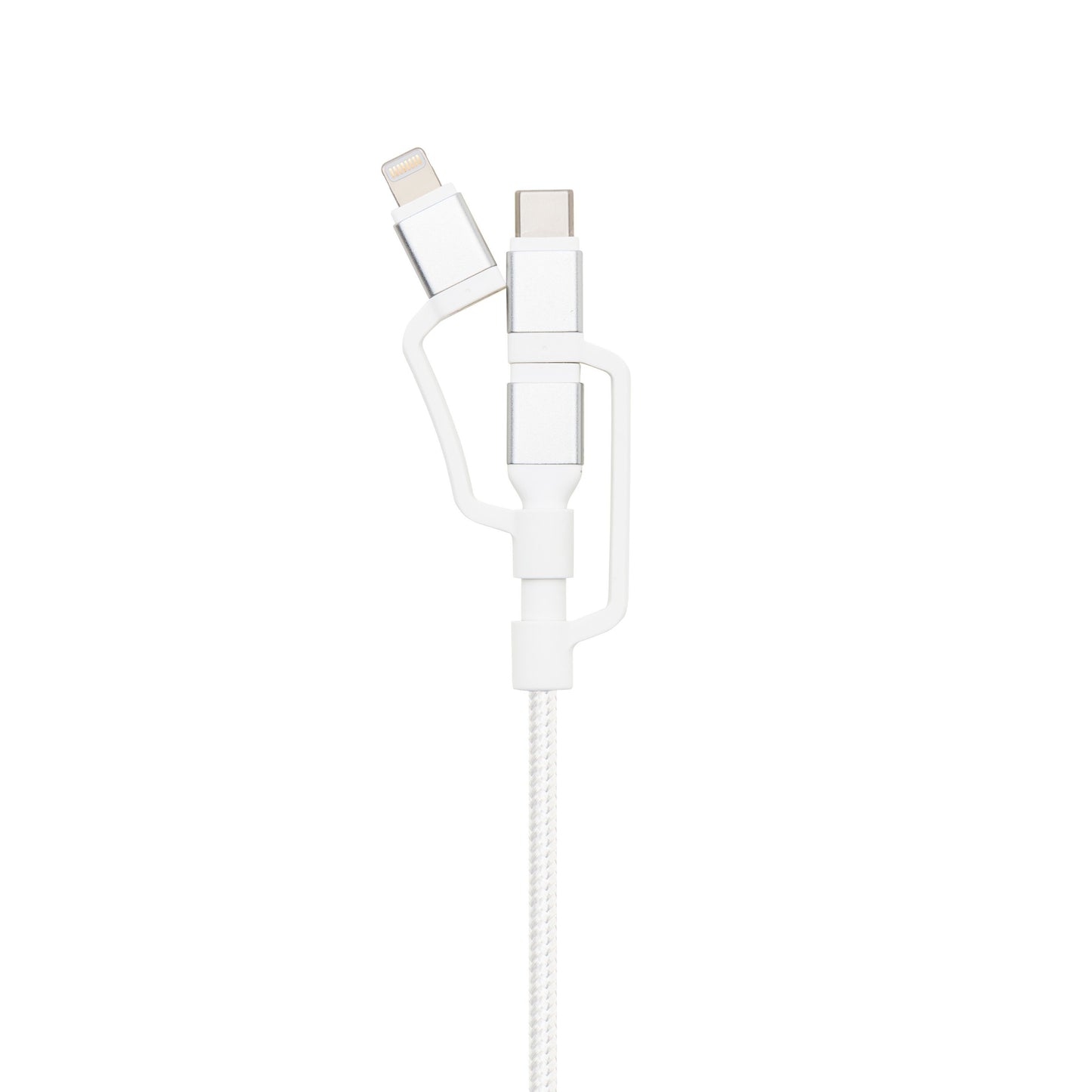 Micro-USB kabel i hvid med flettet design og aftagelige Lightning og USB-C adaptere.