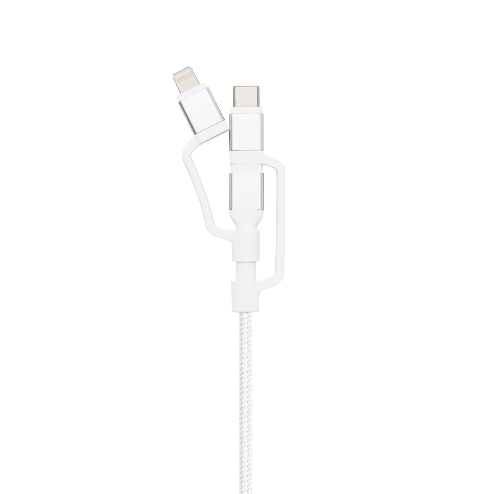 Micro-USB kabel i hvid med flettet design og aftagelige Lightning og USB-C adaptere.
