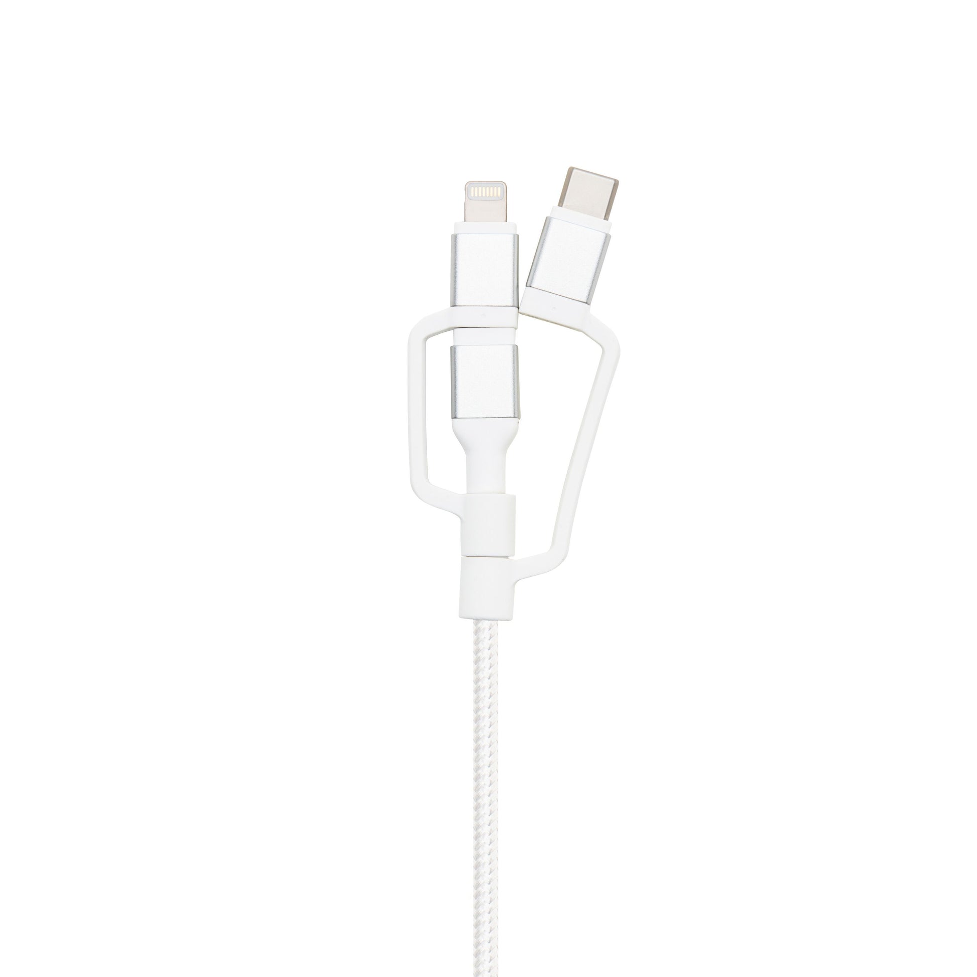 Linocell Premium flettet Micro-USB-kabel med udskiftelige Lightning- og USB-C-adaptere, hvid.