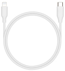 Linocell USB-C til Lightning kabel 1 meter hvid, MFi-licenseret, vises i cirkulær form.