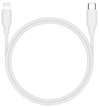 Linocell USB-C til Lightning kabel 1 meter hvid, MFi-licenseret, vises i cirkulær form.