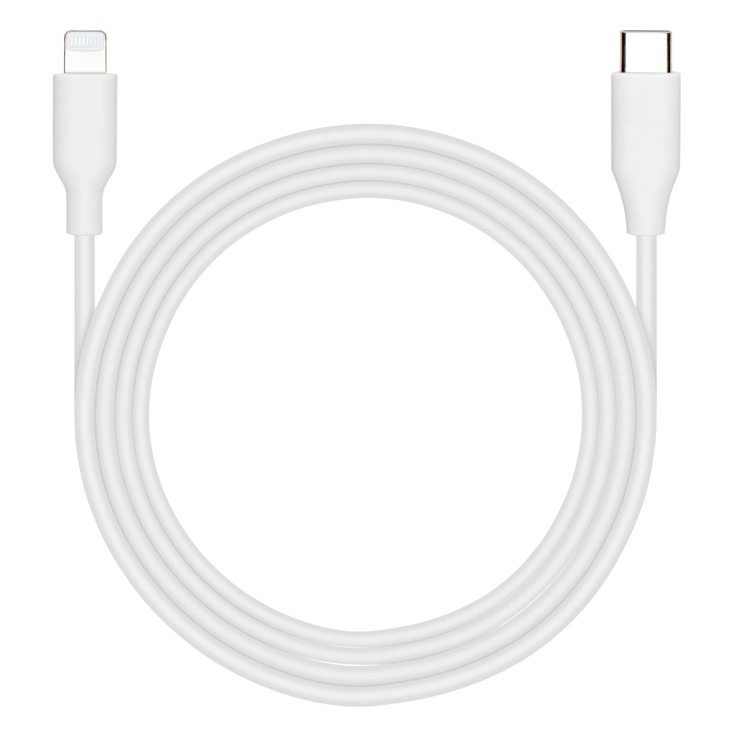 USB-C til Lightning-kabel 2 m, MFi-certificeret, rullet sammen med USB-C og Lightning-stik synlige i hver ende.