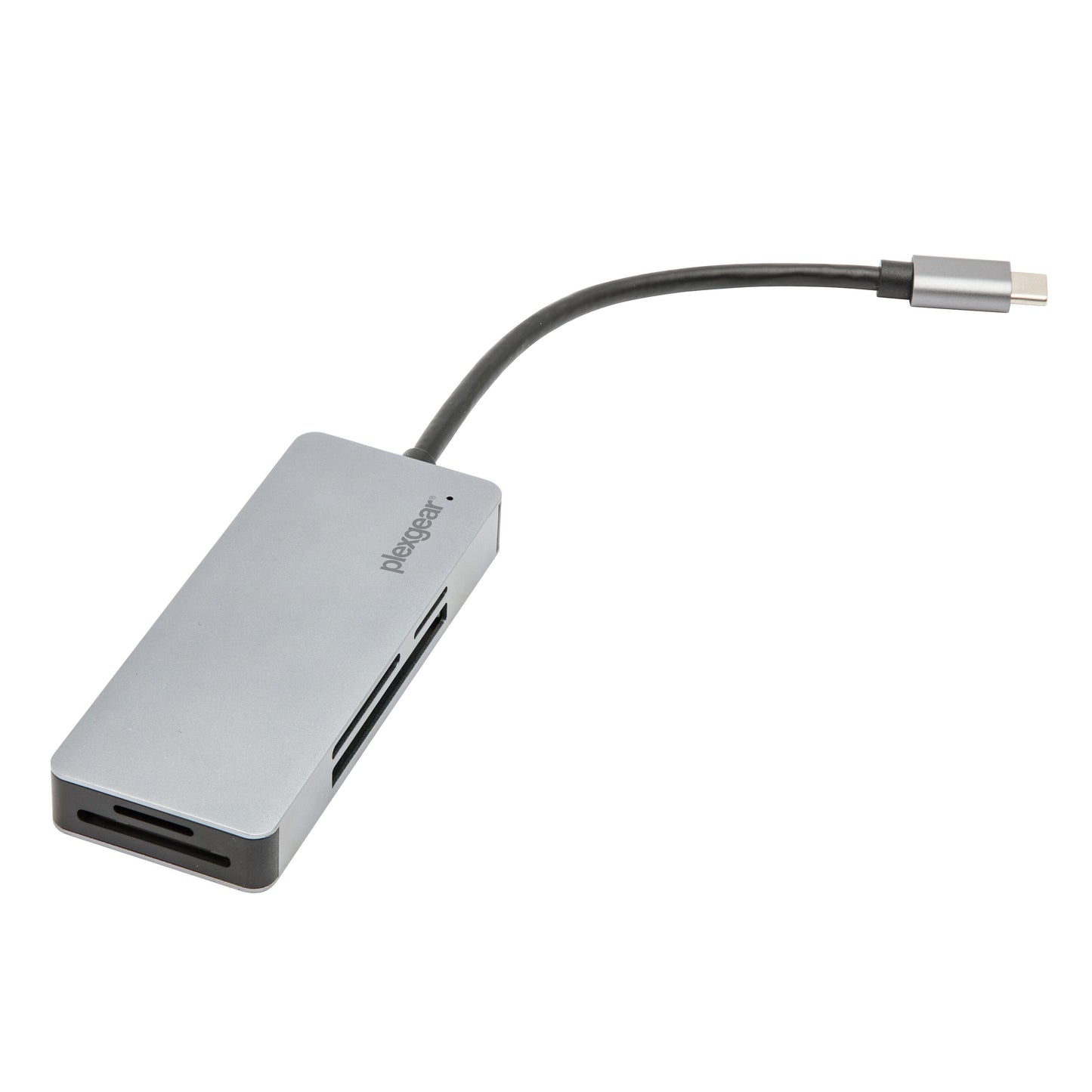 Plexgear USB-C kortlæser grå hub med kort sort kabel, porte til SD og microSD hukommelseskort.