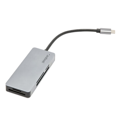 Plexgear USB-C kortlæser grå hub med kort sort kabel, porte til SD og microSD hukommelseskort.