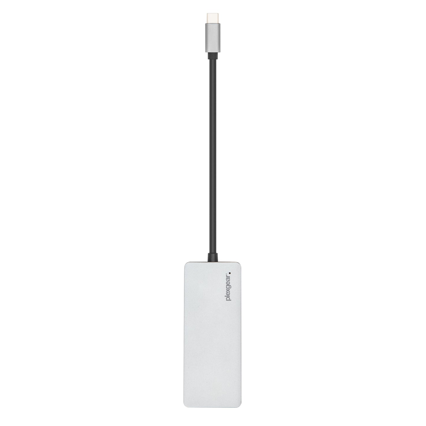 Plexgear USB-C kortlæser, sølv, rektangulær med sort kabel og USB-C stik, logo synligt, til hukommelseskort.