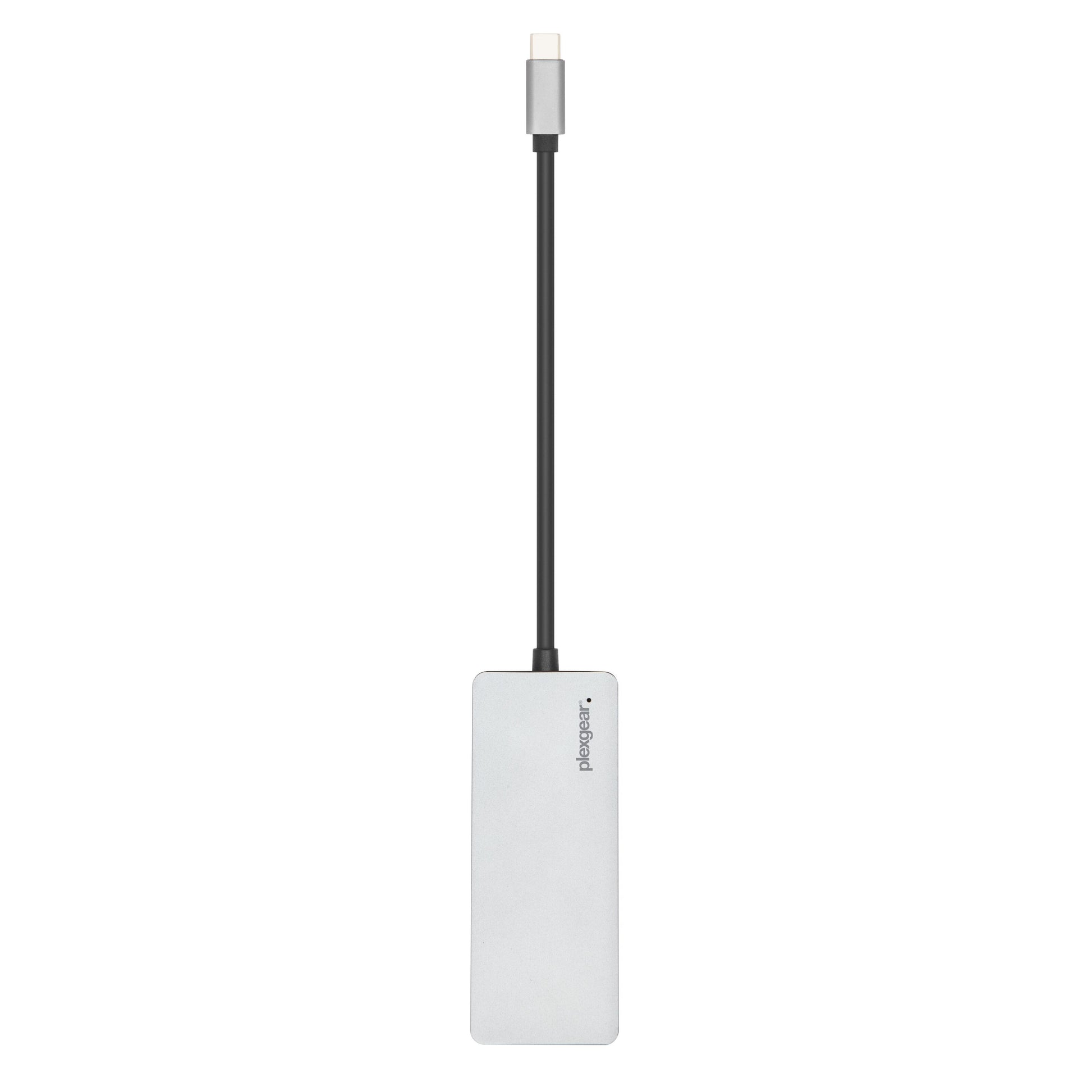 Plexgear USB-C kortlæser, sølv, rektangulær med sort kabel og USB-C stik, logo synligt, til hukommelseskort.