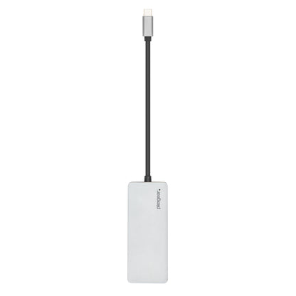 Plexgear USB-C kortlæser, sølv, rektangulær med sort kabel og USB-C stik, logo synligt, til hukommelseskort.
