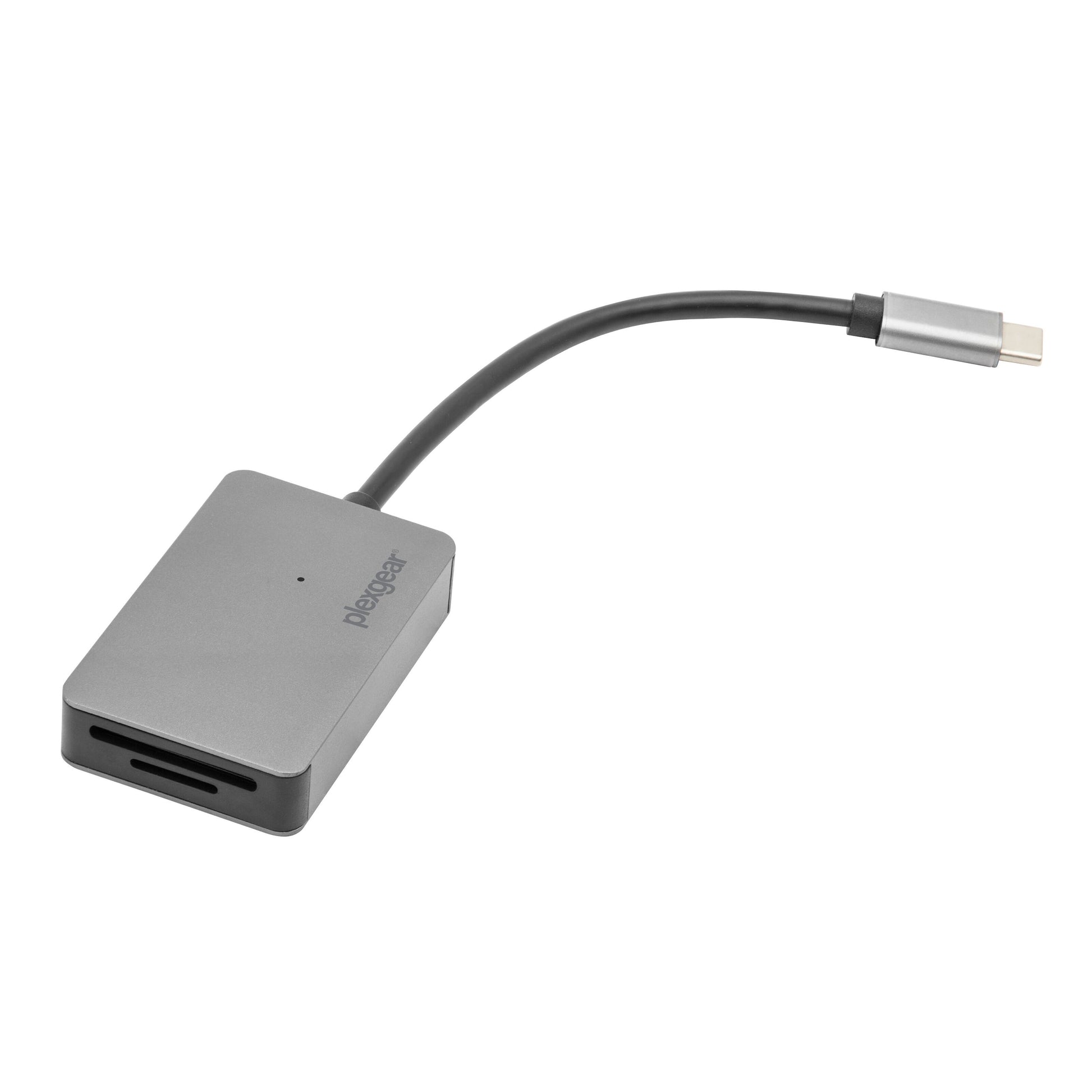 Plexgear USB-C UHS II hukommelseskortlæser grå med kort kabel, USB-C stik og to synlige kortpladser.
