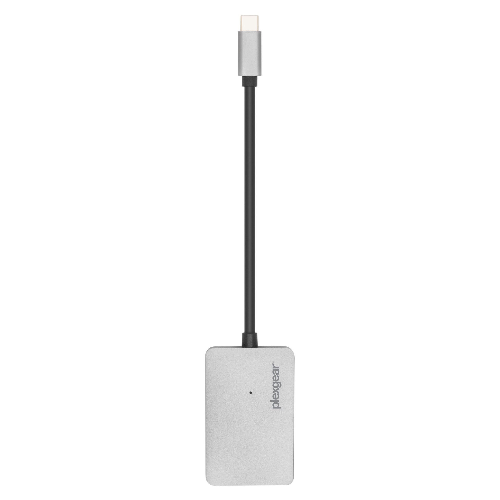 Plexgear USB-C UHS II hukommelseskortlæser sølv, rektangulær med kort sort kabel og Plexgear-logo.