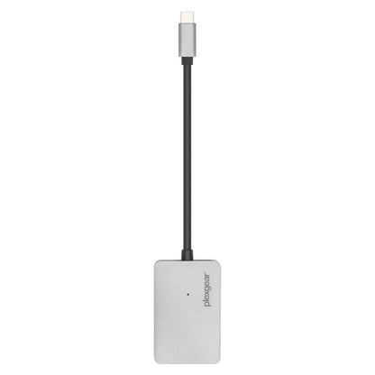 Plexgear USB-C UHS II hukommelseskortlæser sølv, rektangulær med kort sort kabel og Plexgear-logo.