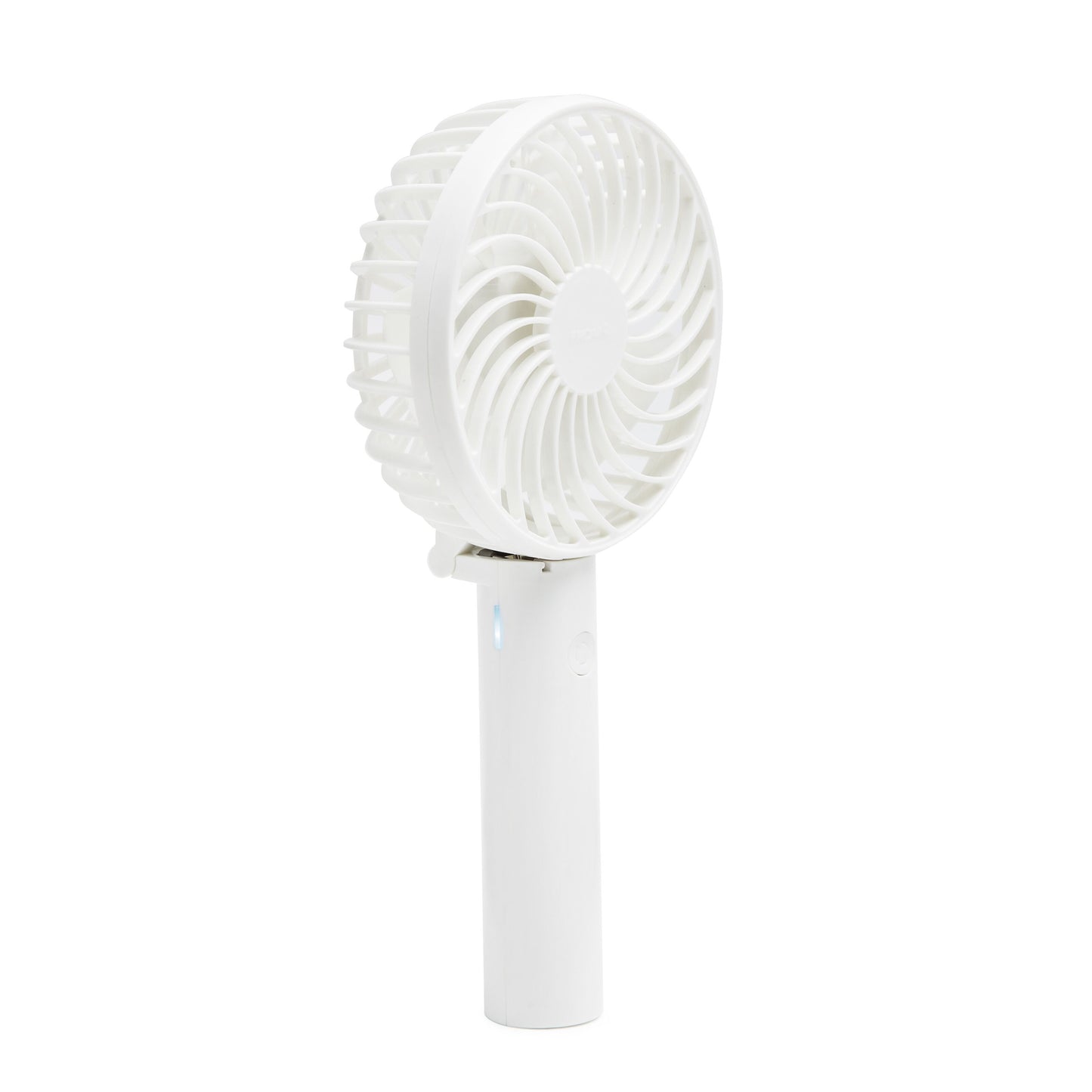 Rubicson bærbar ventilator hvid, genopladeligt batteri, cylindrisk håndtag, rund åben blæser, USB-C opladning.
