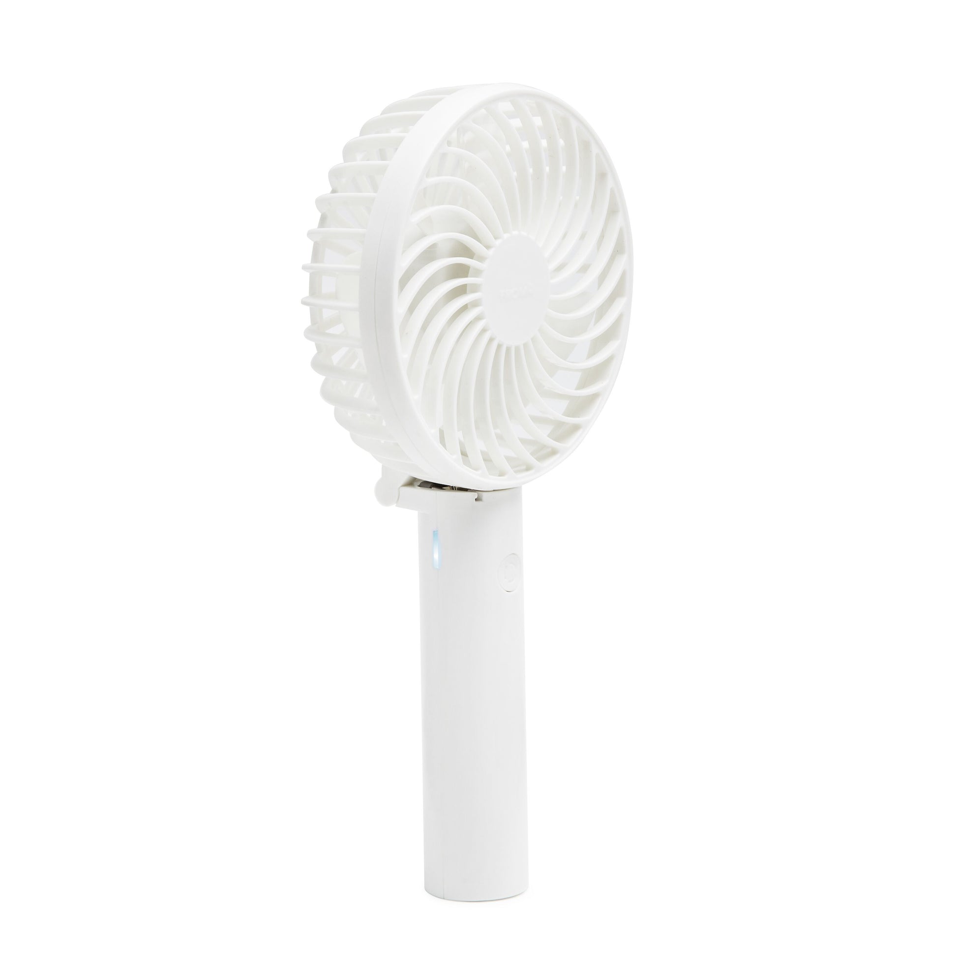 Rubicson bærbar ventilator hvid, genopladeligt batteri, cylindrisk håndtag, rund åben blæser, USB-C opladning.