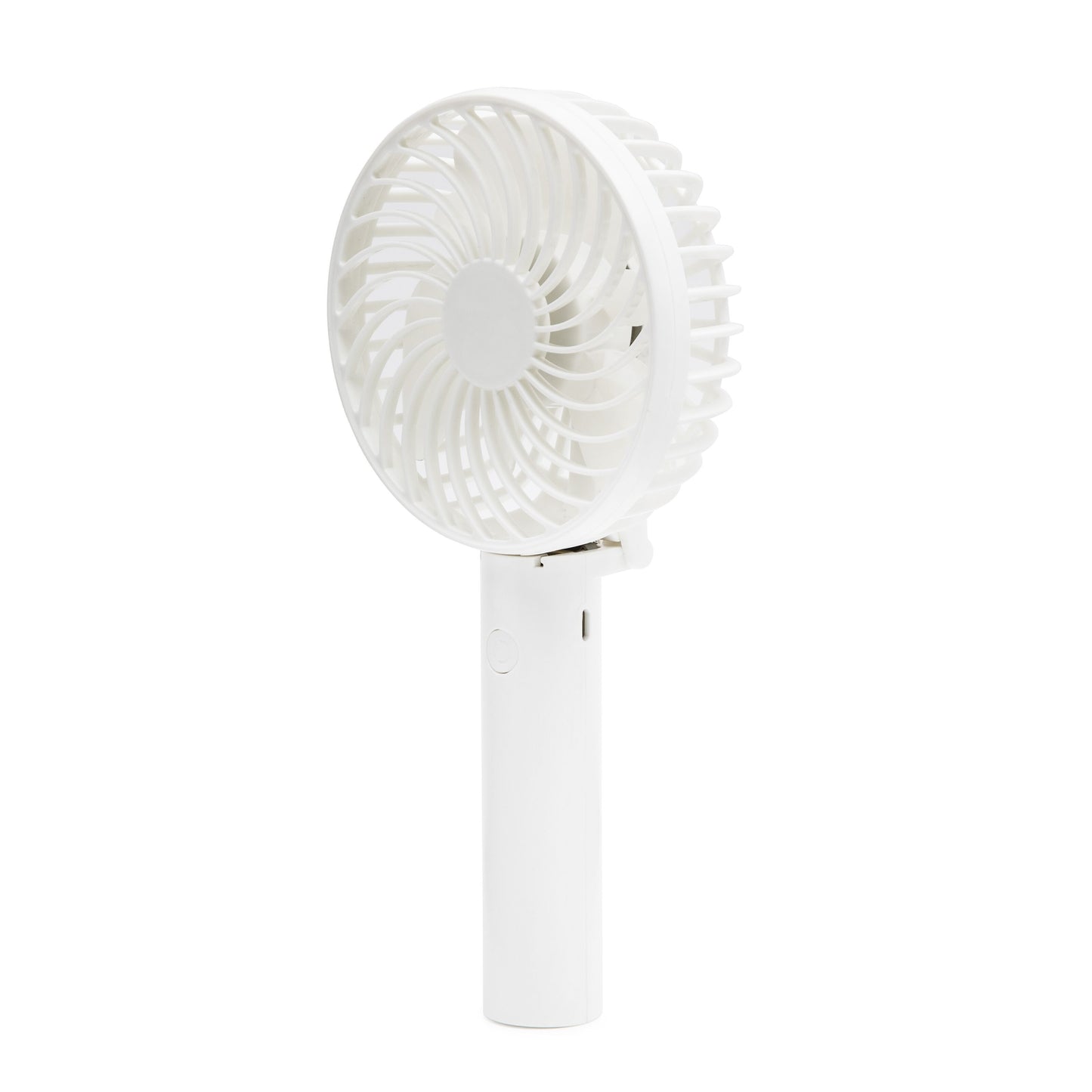Rubicson bærbar ventilator, hvid, håndholdt med cirkulært gitter, cylindrisk håndtag og USB-C opladning.