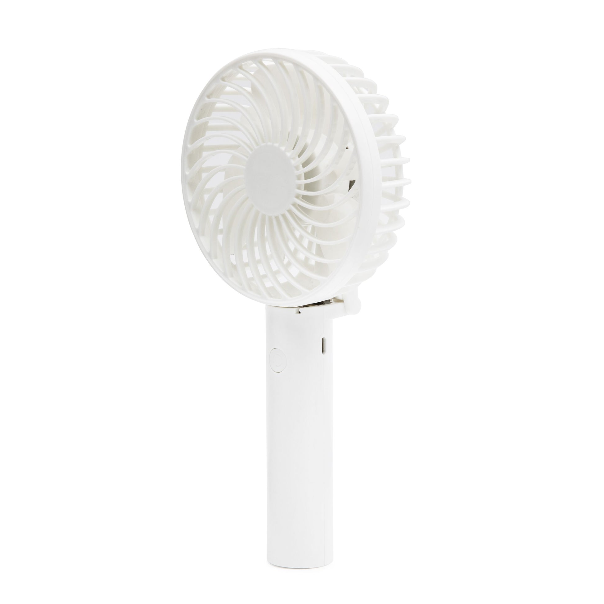 Rubicson bærbar ventilator, hvid, håndholdt med cirkulært gitter, cylindrisk håndtag og USB-C opladning.
