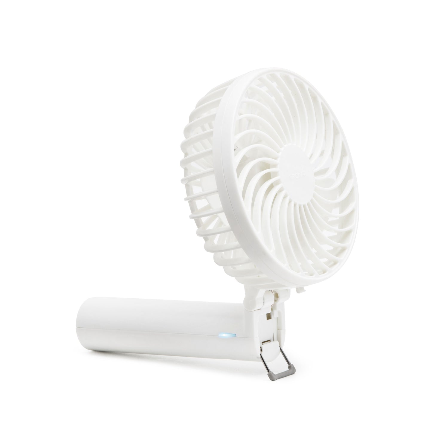 Bærbar ventilator med genopladeligt batteri, cylindrisk håndtag, metalclips, USB-C-port, blåt lys og rundt blæserhoved.