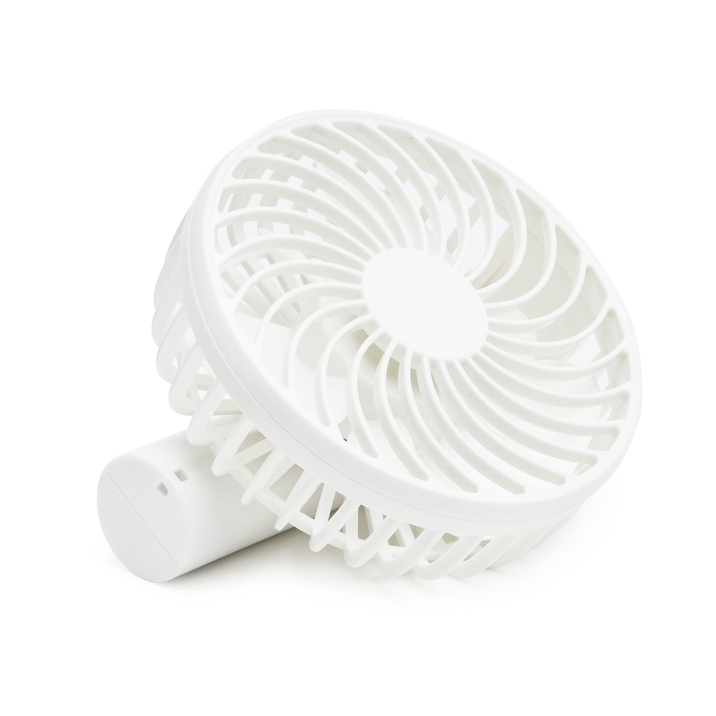 Rubicson bærbar ventilator med genopladeligt batteri, USB-C-opladning, rundt gitter og cylinderformet fod.